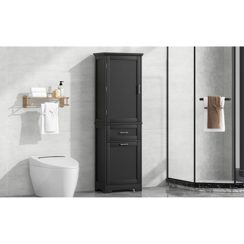 Roomfitters 63" Tall Bathroom Storage Cabinet, Freestanding Linen Tower with 2 Drawers and Adjustable Shelves, Black