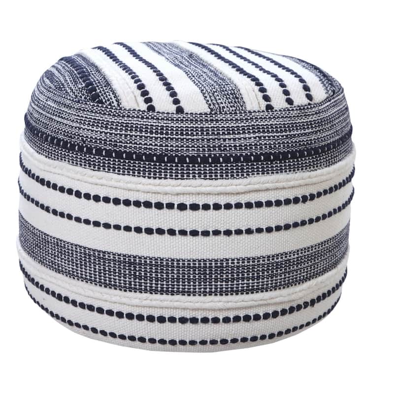 18 Inch Blue Cotton Pouf Ottoman for Living Room, Bohemian Style Seating