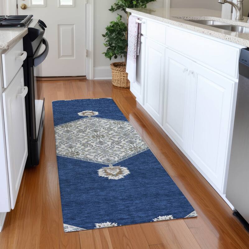 Premium Washable Super Soft Traditional Global Mayfield Rug - Navy - 2'3" x 7'6"