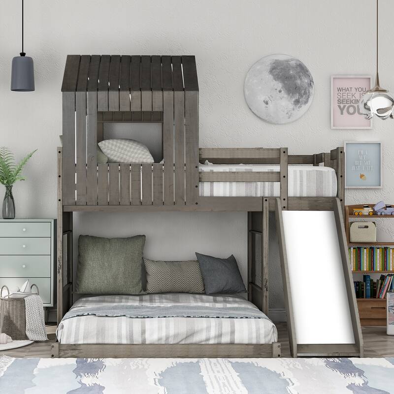 Nestfair Twin Over Full Bunk Bed Loft Bed with Slide and Guardrails