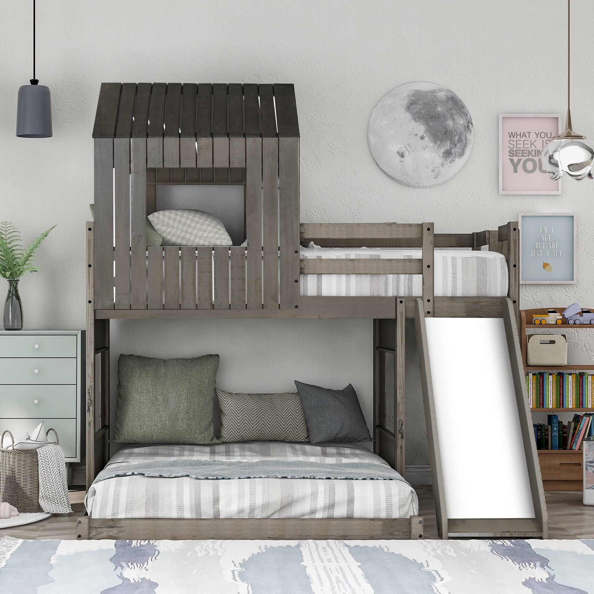 Wooden Twin Over Full Bunk Bed, Loft Bed with Playhouse, Farmhouse