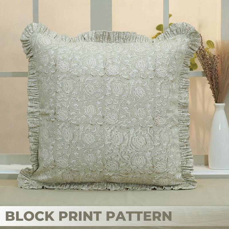 Fabdivine Frill Cotton Both Side Floral Block Print Pillow Cover Green