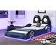 preview thumbnail 3 of 26, Wood Twin Size Race Car Platform Kids Bed Frame with LED Lights, Upholstered Backrest and Safety Rails for Bedroom, Blue