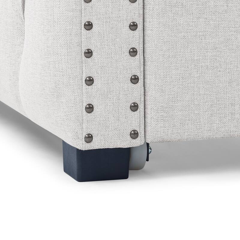 Tufted Daybed Upholstered Frame Sofa Bed with Button Copper Nail on Square Arms, and Pull-out Trundle Bed or Storage Drawers