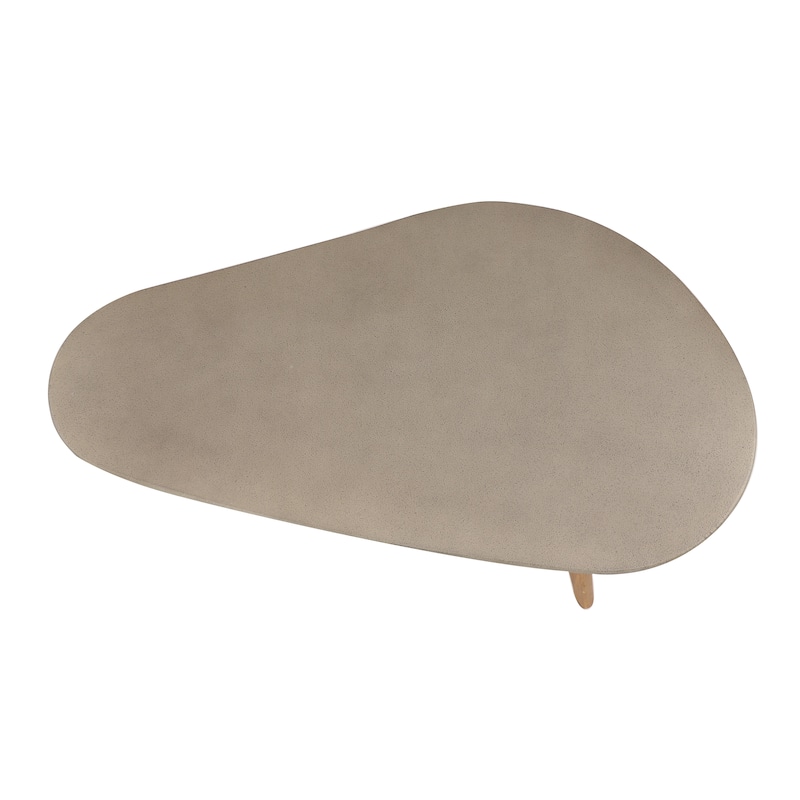 Gray Concrete Inspired Oval End Table Outdoor Accent Table with Brown Tapered Wood Legs