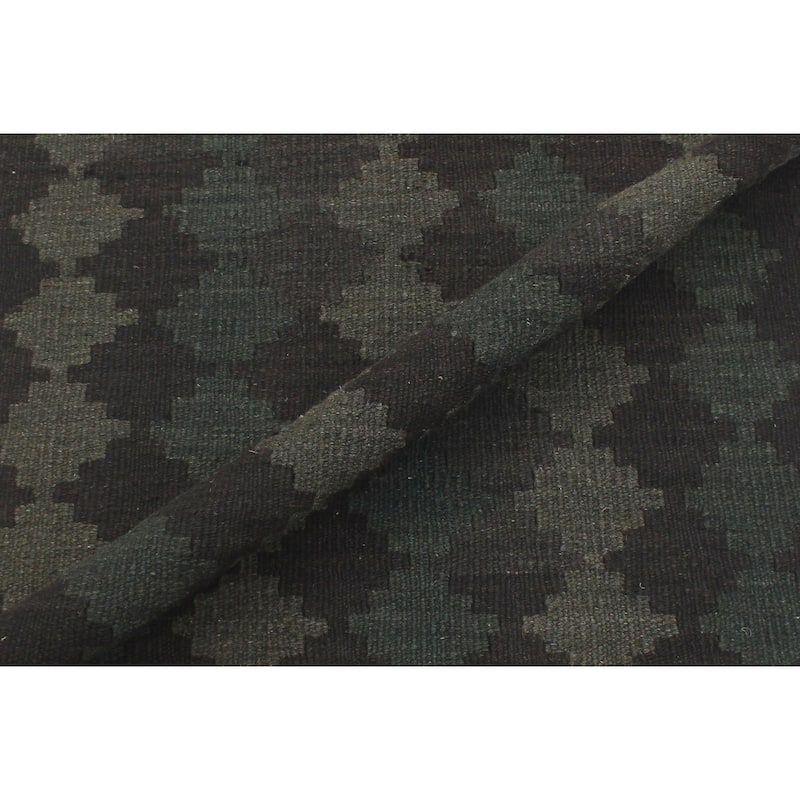 Boho Chic Turkish Kilim Ezra Black Green Hand-Woven Wool Runner - 2'9'' x 7'9''