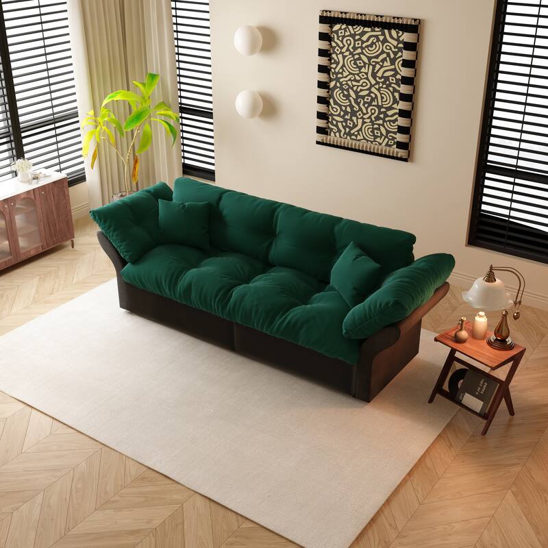 74.8" Queen Sleeper Sofa - 3-in-1 Tufted Velvet Loveseat with Pull-Out Bed & 2 Pillows, Multi-Functional