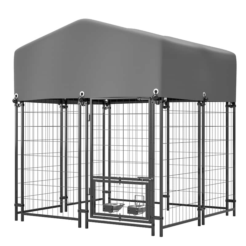 GDFStudio - Large Outdoor Heavy Duty Metal Dog Kennel with Roof, UV-Resistant Waterproof Cover, Double Lock & Rotating Feeder