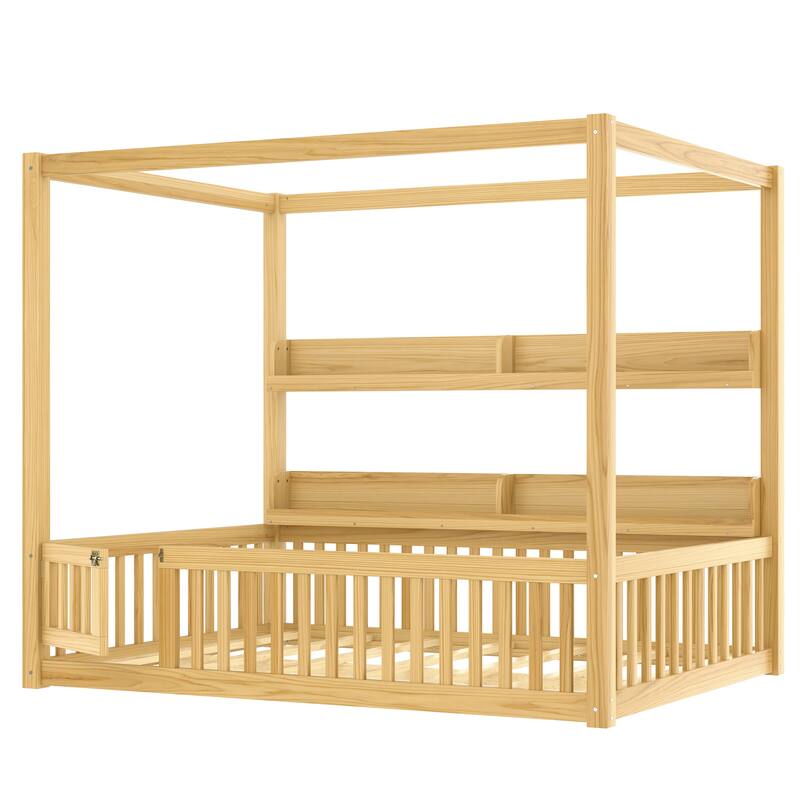 Full/Twin Montessori Floor Bed with Canopy, Guardrails & Shelves