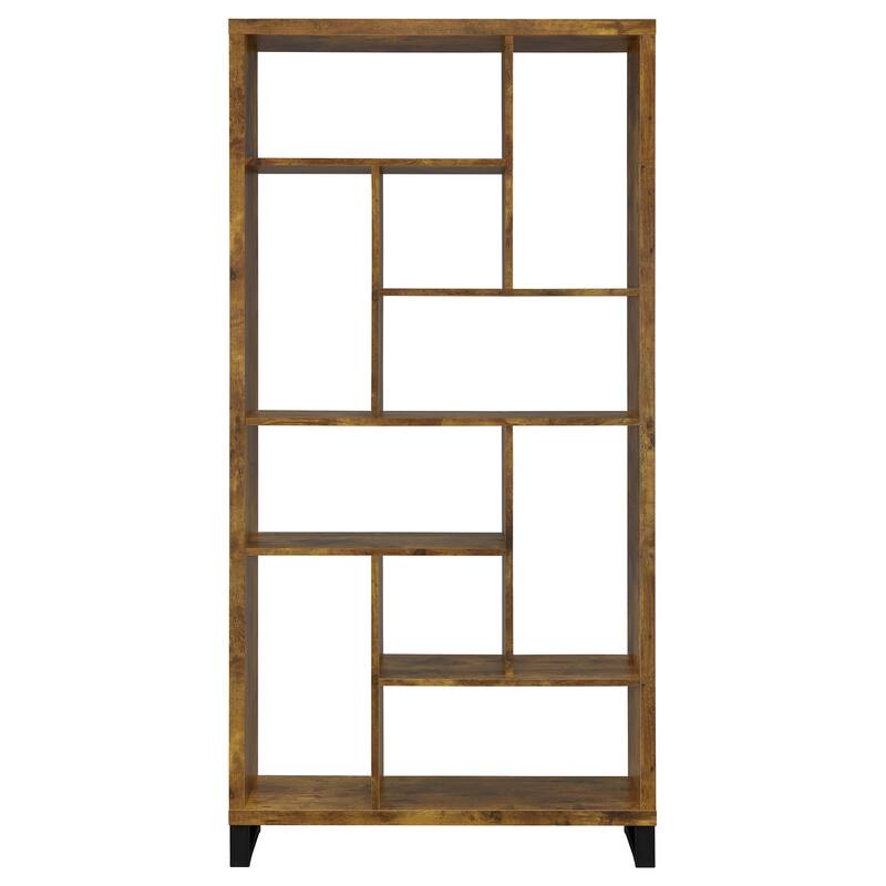 1pc Industrial Style Bookcase Ten Shelves Bookshelf Rustic Antique Nutmeg Black Metal Base Home Office