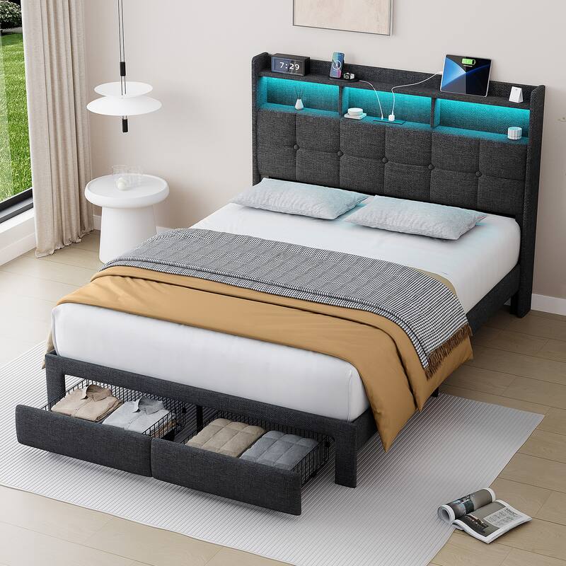 King Size Upholstered Platform Bed with LED Lights, Charging Station & Storage Headboard, No Box Spring Needed