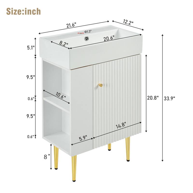 Roomfitters 21.6" Bathroom Vanity with Ceramic Sink, Combo Storage Cabinet with Left Side Organizer