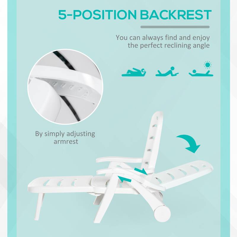 Outdoor 5 Level Adjustable Backrest Chaise Lounge with Wheels, Folding Tanning Chair