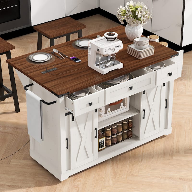 58" Farmhouse Kitchen Island with Storage, Sliding Barn Door & Metal Grid Side Door, Rolling Kitchen Island