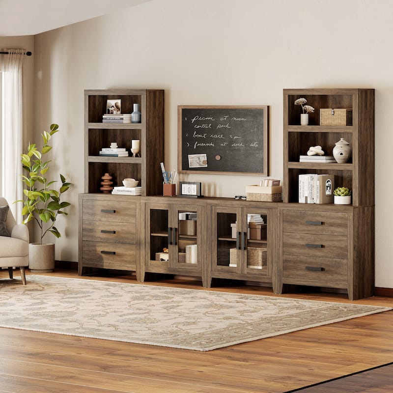 WAMPAT Farmhouse Entertainment Center with Bookshelves, Modular TV Stand with Drawers & Glass Doors - 126"W x 72.2"H x 15.4"D