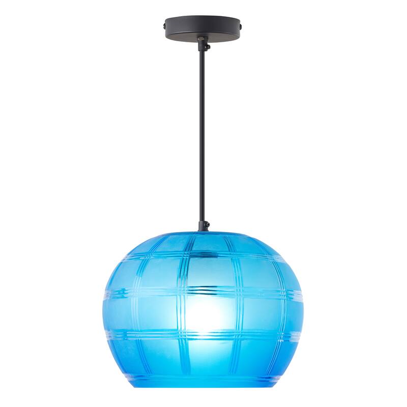 Catharine River of Goods Black Metal and Hand Blown Glass 11.75-Inch Pendant Light with Adjustable Hanging Cord - 11.75" x 11.75" x 64" - Blue/Black