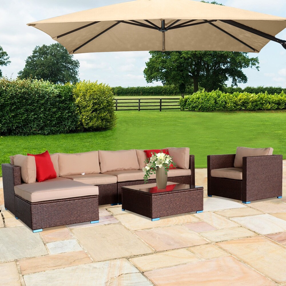 Shop 7 Pieces Wood Grain Patio Pe Wicker Rattan Corner Sofa Set On Sale Overstock 31908544