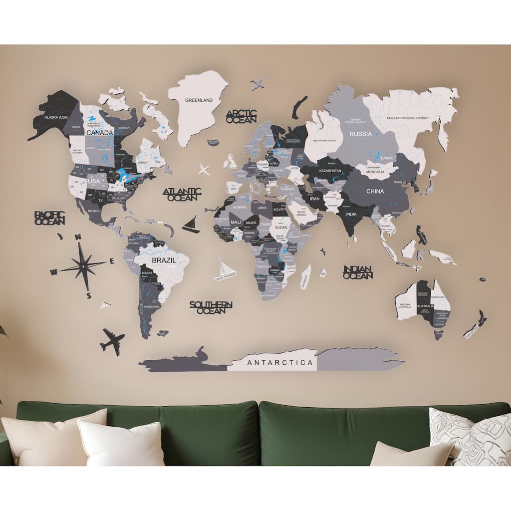 HomeRoots 47" X 79" Black Gray and White Wood World Map Hanging Dimensional Sculpture