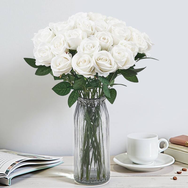 White Velvet Artificial Roses with 60 Stems Flexible Wire and Layered Bloom - 3.9 x 3.9 x 20.1 inch