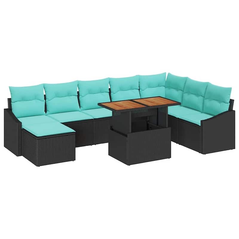 vidaXL 9 Garden Sofa Set with Cushions Black/Grey Poly Rattan - 113.6 x 70.3 x 27.2