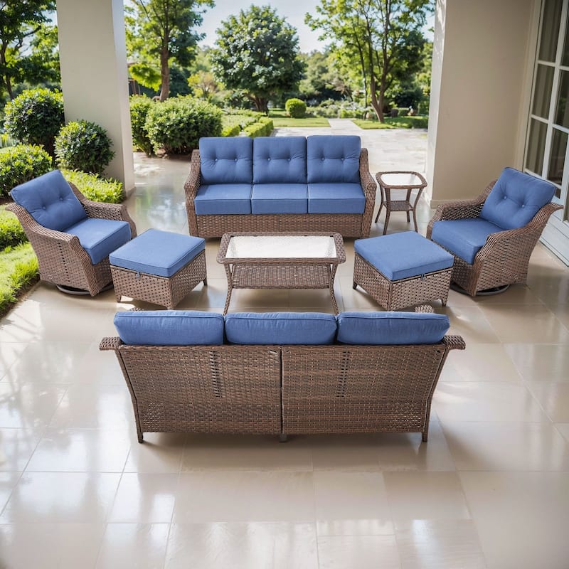 Artisan 8-Piece Patio Brown Wicker Sofa Conversation Set with 6-Inch Thick Cushions - Navy Blue - Brown Wicker