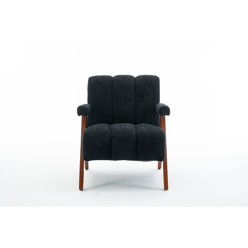 Mid Century Modern Accent Chair, Chenille Armchair with Solid Wood Legs, Channel Tufted Comfy Reading Chair for Living Room