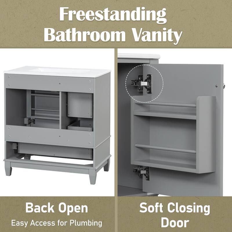 30 Inch Bathroom Vanity with Ceramic Sink, Freestanding Cabinet with 1 Door, Adjustable Shelf & 3 Drawers, Soft-Close Door