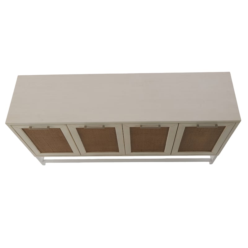 Wooden 4 Door Sideboard with Brown Woven Rattan Doors and Metal Base - White - Roche River Decor - 16"W x 60"L x 31"H