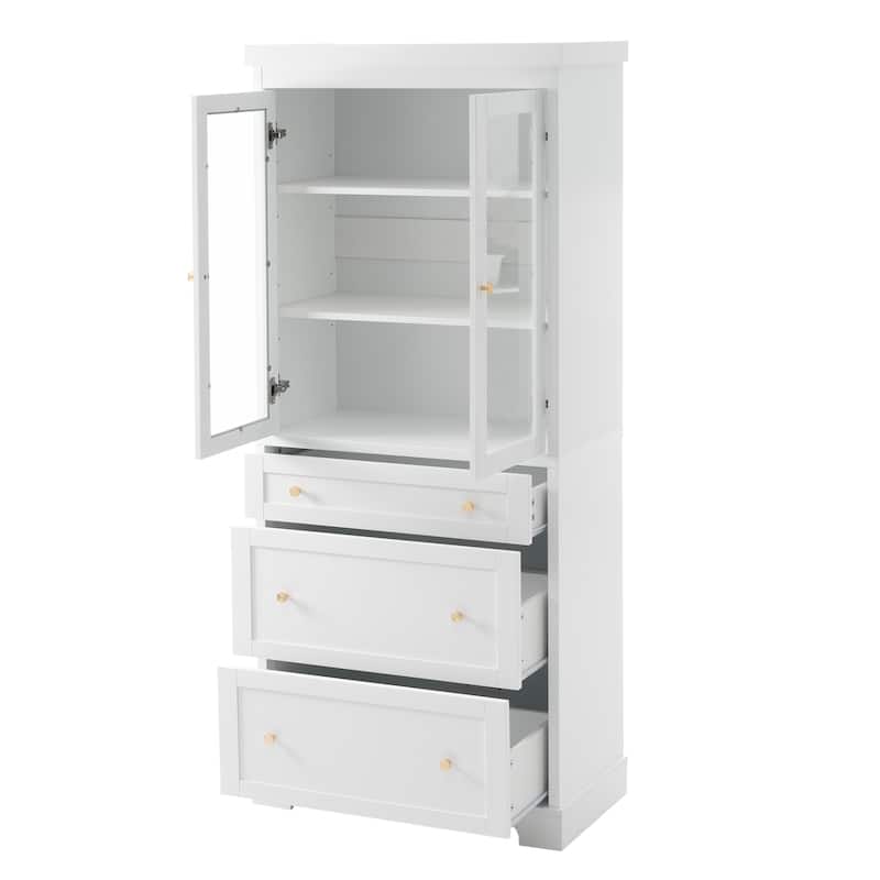 70" Tall Freestanding Bathroom Linen Cabinet with 2 Adjustable Shelves Glass Door Cabinet and 3 Drawers