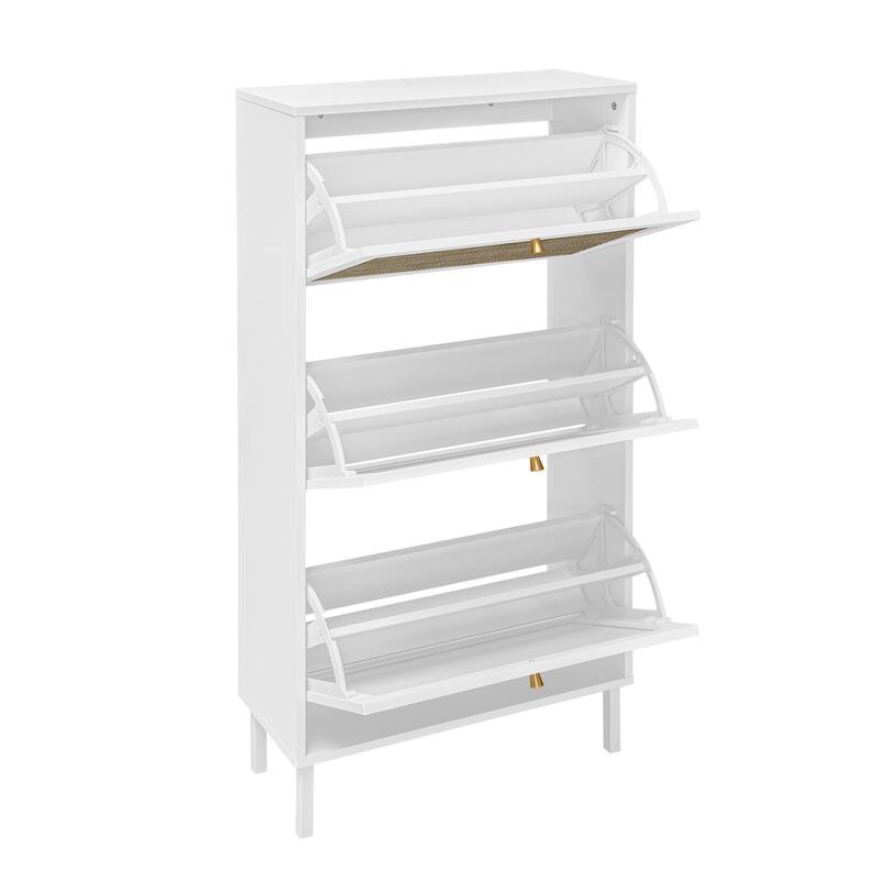 Shoe Storage Cabinet with 3 Flip Drawers, Freestanding 3-Tier Shoe Rack, Slim Shoe Organizer with Half Round Woven Rattan Doors