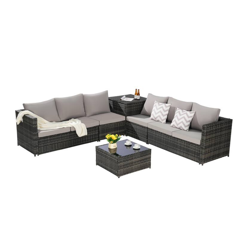 6-Piece Wicker Sectional Sofa Set with Corner & Glass Table