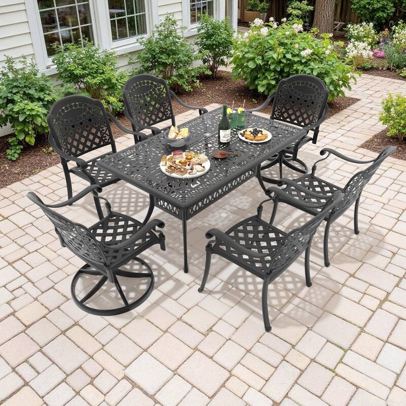 7-Piece Outdoor Dining Set with 1 Table and 6 Chairs, All-Weather Aluminum Outdoor Patio Sets