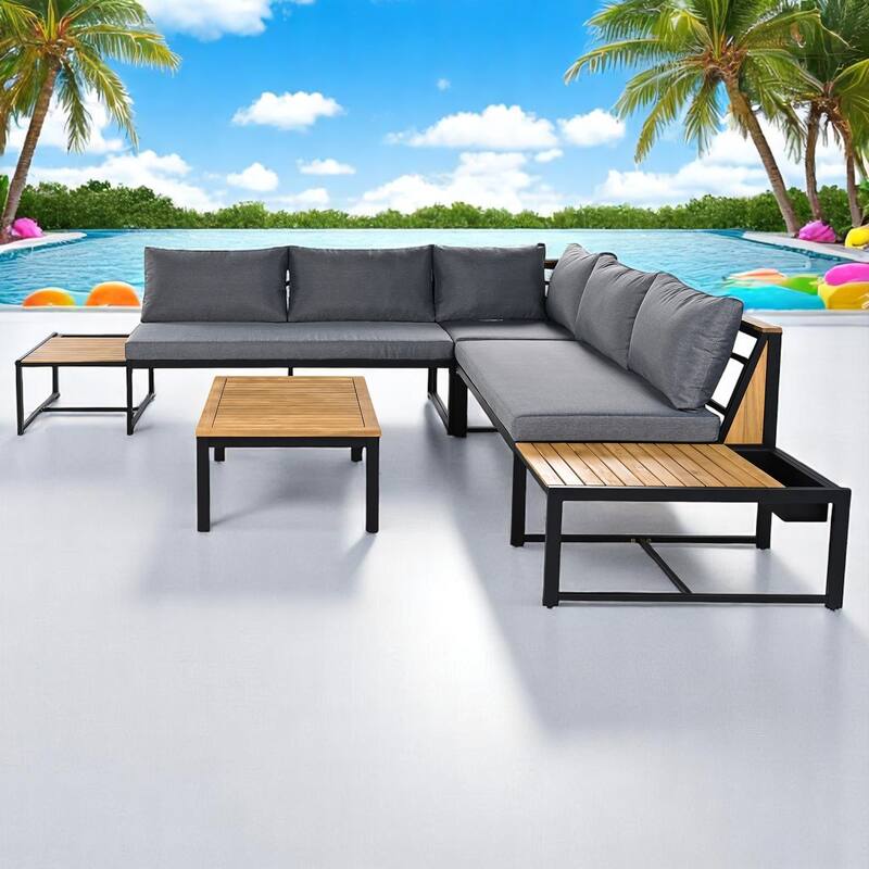 4-Piece Outdoor Sofa Set with Loveseat, Corner Chair, Coffee Table, and Cushions, Iron and Acacia Wood Frame,Patio Furniture set
