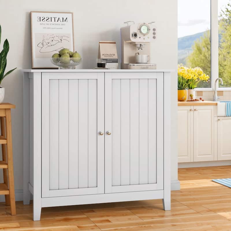 White Mid-Century Storage Cabinet with Silver Knobs - White