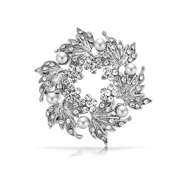 Bling Jewelry Imitation Pearl Flower Crystal Wreath Brooch Rhodium Plated