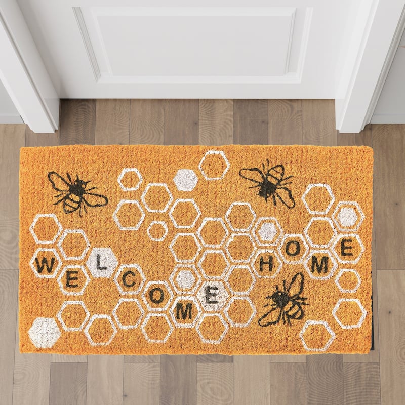 1'6" x 2'6" Welcome Home Honeycomb Bee Rectangle Indoor and Outdoor Coir Door Welcome Mat Yellow