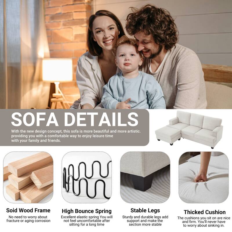 L Shaped 3 Seats Sofa with Armrest Organizer, Linen Sectional Sofa with Movable Ottoman, Comfy Upholstered 3 Seater Couch,