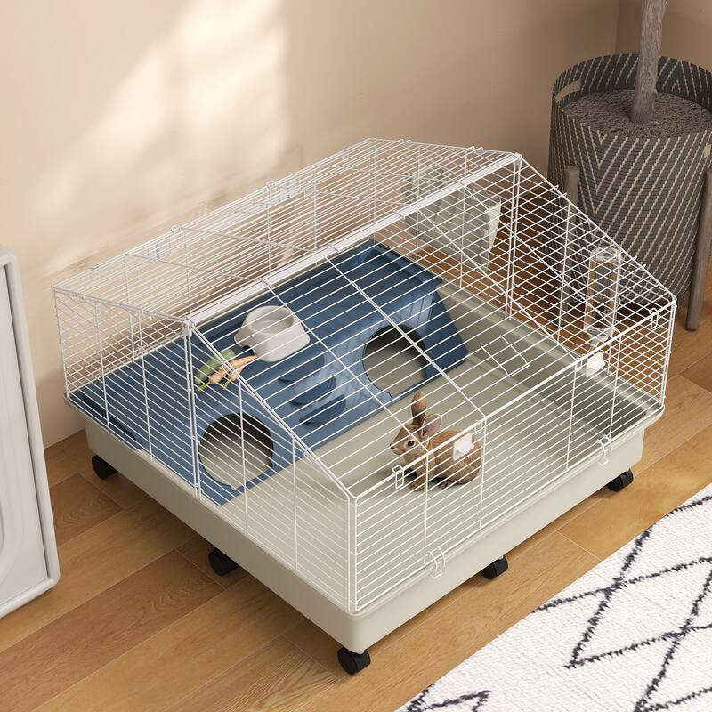 PawHut Small Animal Cage, Rolling Guinea Pig Cage with Water Bottle, Hay Feeder, Food Dish, Ramp, White