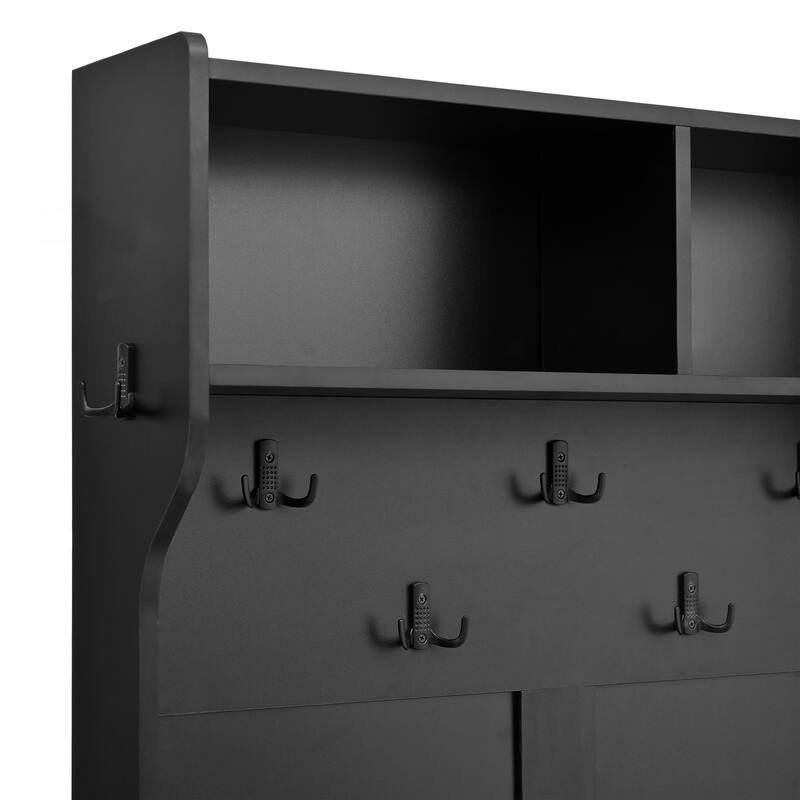 Barn Doors Hall Tree with Movable Bench, Entryway Bench with 7 Hooks and Shoe Cabinet, 76.9"H Rolling Coat Rack Coat Rack
