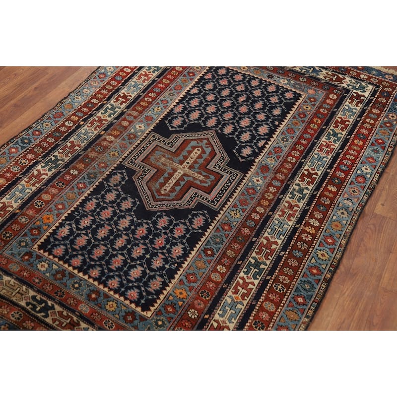 Pre-1900 Antique Kazak Vegetable Dye Foyer Rug Handmade Wool Carpet - 3'10" x 5'5"