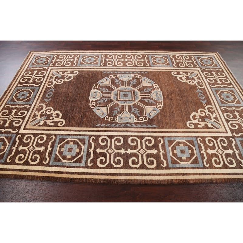 Brown Geometric Gabbeh Persian Wool Area Rug Handmade Office Carpet - 6'0" x 9'7"