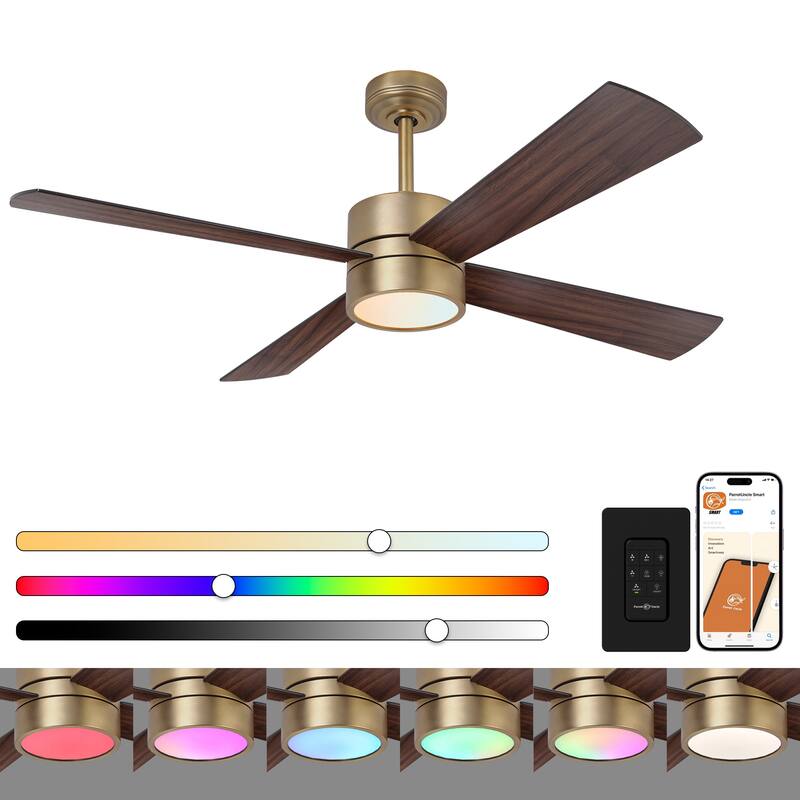 52" Black/ Distressed Brass Smart Dimmable RGB Ceiling Fan with Remote and App Control - Distressed Brass