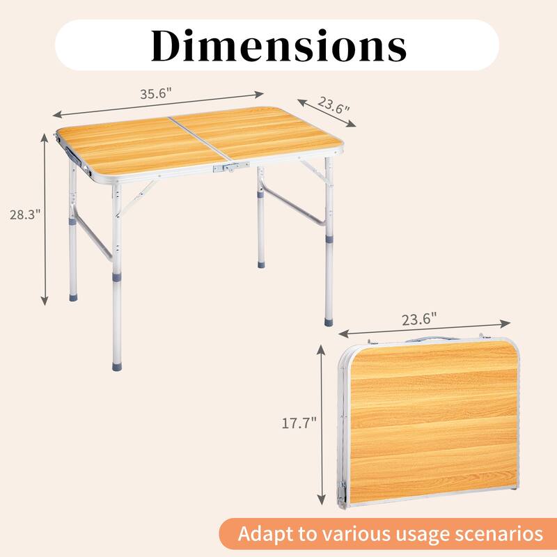 Portable Folding Table with Aluminum Frame and Wood Grain Top