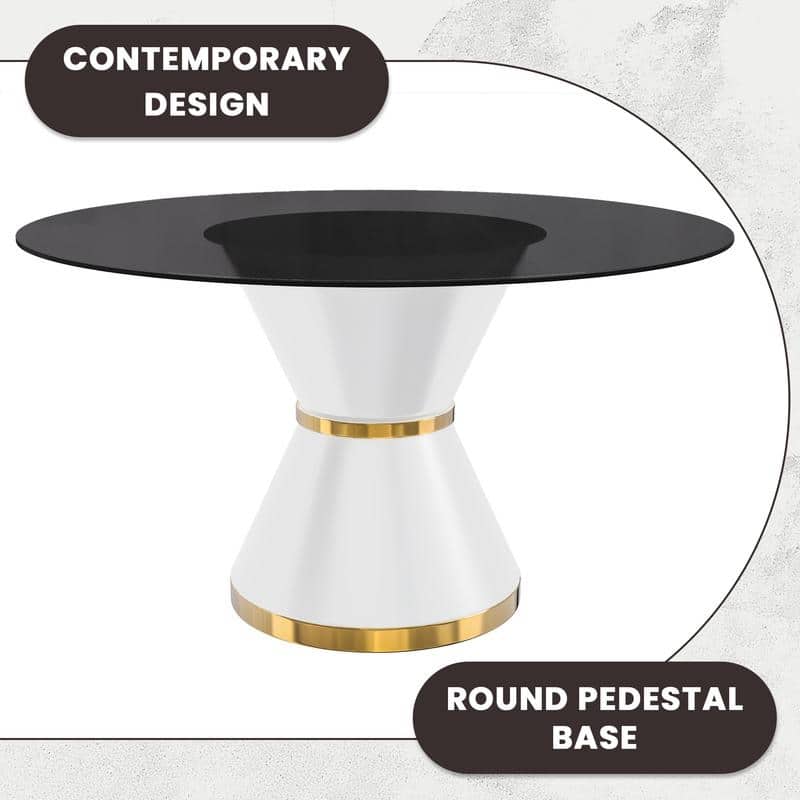 Qorvus Modern Round Glass/Stone Dining Table with Stainless Steel Pedestal Base for Contemporary Kitchens and Dining Rooms