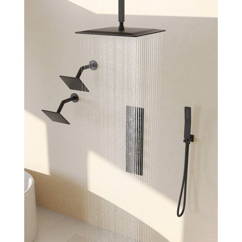 GRANDJOY High Pressure Shower Faucet System 16" Ceiling and dual 6" Wall Mounted Shower Head Combo Handheld Shower Spray