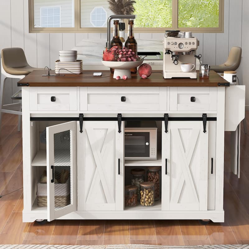 58" Farmhouse Kitchen Island with Sliding Barn Door, Drop Leaf & Storage, Mobile on 5 Wheels - White