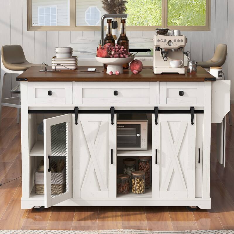 Farmhouse Kitchen Island with Storage, Rolling Kitchen Island on 5 Wheels with Spice Rack