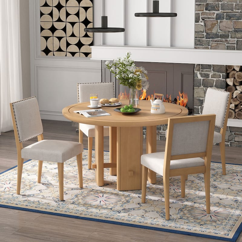 5-Piece Round Dining Table Set with Solid Wood Upholstered Chairs for Minimalist Farmhouse Design - Natural