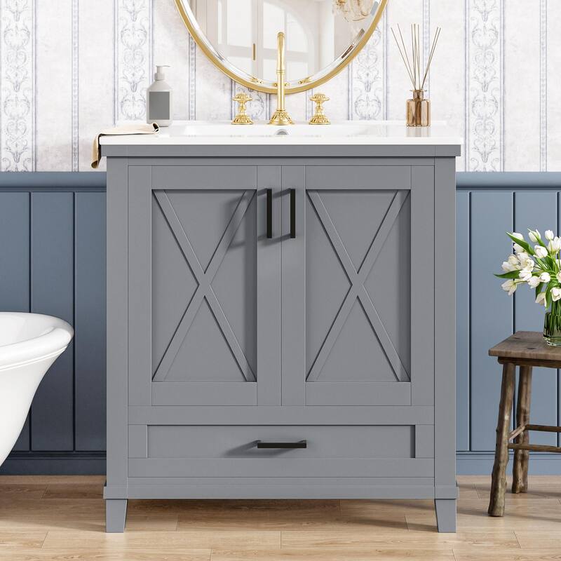 30" Bathroom Vanity - Solid Wood Frame, Single Sink, 2 Soft-Close Doors, Divided Drawer & Dual Storage Shelves