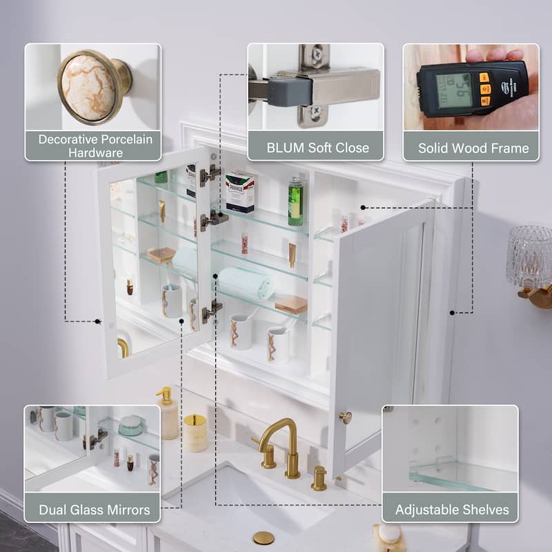 32''H Recessed Mount Solid Wood Framed Medicine Cabinet With Mirror and Shelves